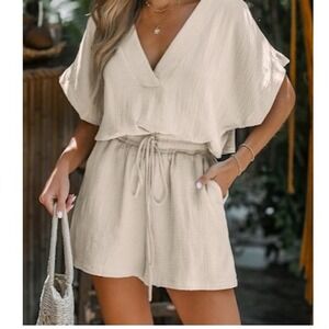 Cupshe Boho Romper Medium 100% Cotton Gauze Drawstring Waist Cream‎ Beige